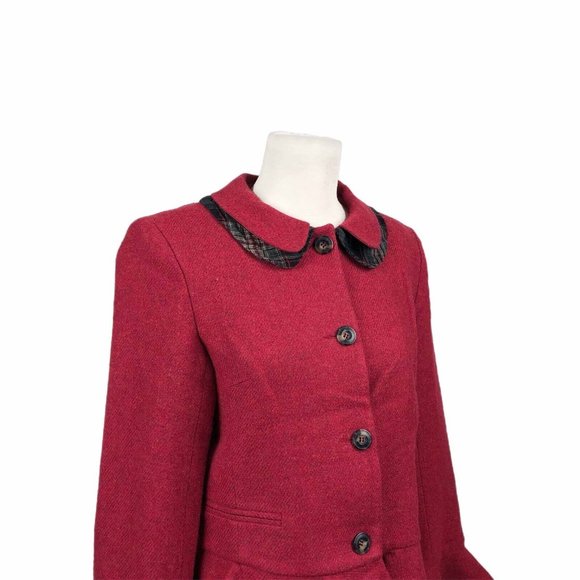 Cabbages And Roses Jacket Women's Medium Red Wool Coat Peplum Made In England - Picture 2 of 8